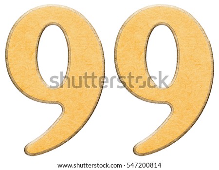 99, ninety nine, numeral of wood combined with yellow insert, isolated on white background