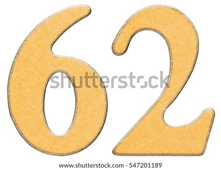 62, sixty two, numeral of wood combined with yellow insert, isolated on white background