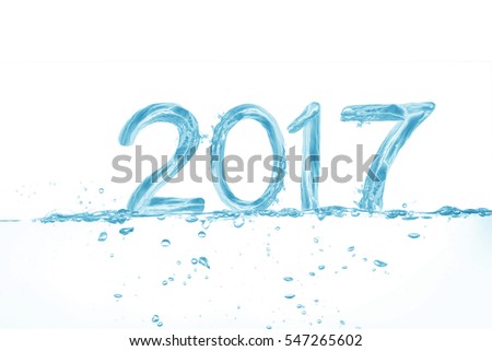 Happy New Year 2017, splash of water isolated on white background