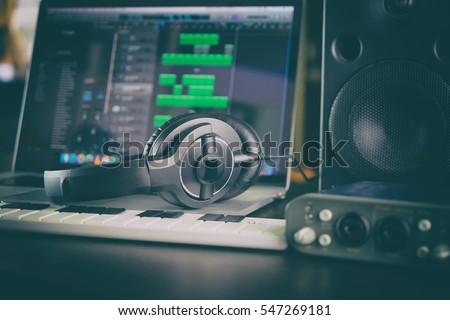 Home Audio Studio Computer Music Sound Station portable set up with laptop Speaker and Audio interface Headphone an DAW application