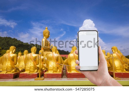Mobile Phone white screen background Buddha yellow.