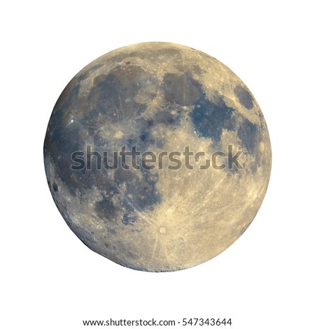 Full moon seen with an astronomical telescope, with enhanced colours to show the real colours of terrain surface - isolated over white background, with craters and mountains visible on the border