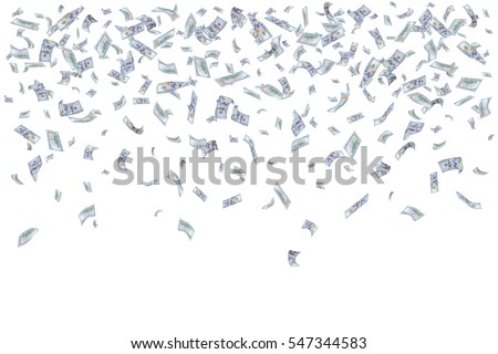 Rain from many falling dollars isolated on white background, finance concept