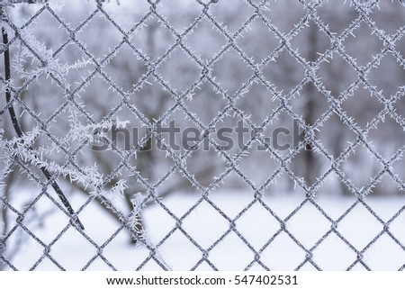 Winter scene hoar frost on wire fencing.