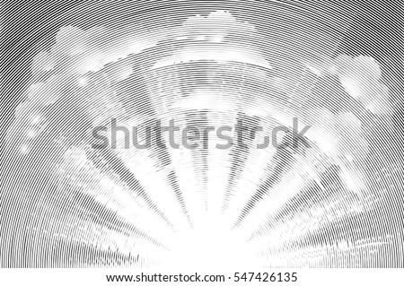 Original illustration of the sun rising with clouds in the sky in a vintage etched woodcut engraving retro style Royalty-Free Stock Photo #547426135