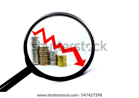magnifying glass concept red arrow downward on coin
