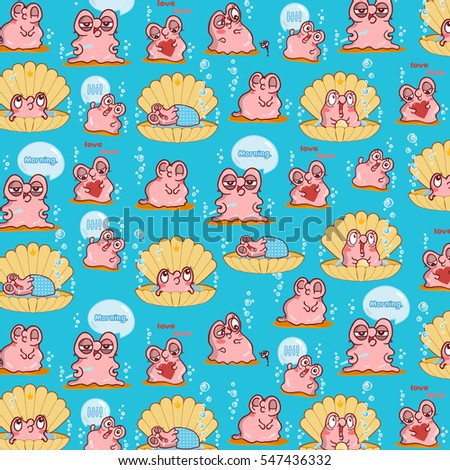 Illustration of kawaii pearl oyster. Vector cartoon background, ornate print in cute style. Page for square scrapbook paper. Template for card
