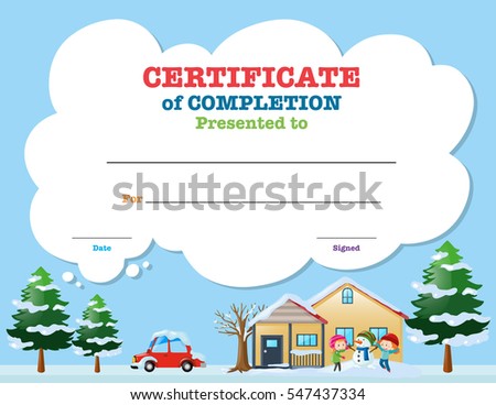 Certificate template with kids in winter illustration