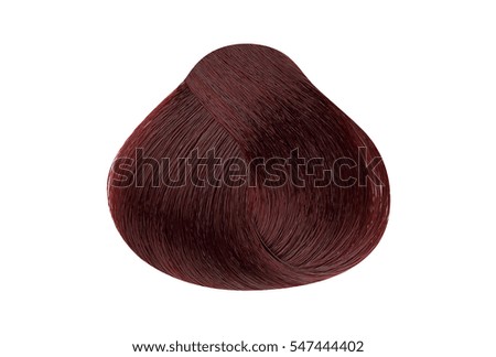 Lock of mahogany coral red hair color sample, rounded shape, isolated on white background, clipping path included