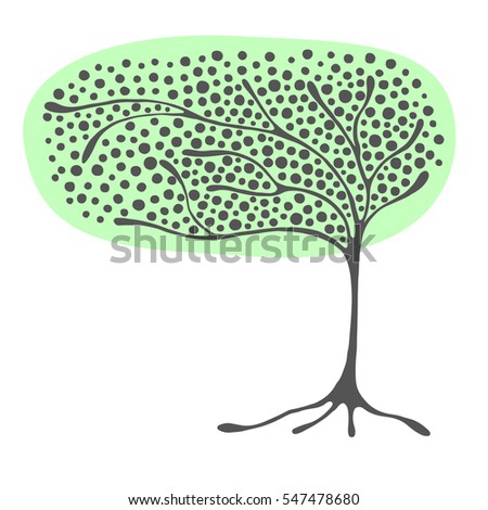 Vector hand drawn illustration, decorative ornamental stylized tree. Green graphic illustration isolated on the white background. Hand drawing silhouette. Decorative artistic abstract branch.
