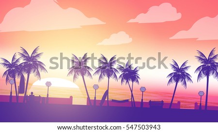Beach Sunset Walkway with Man Sitting in the Foreground and Palm Trees - Vector Illustration