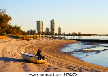 View of Runaway Bay on the Gold Coast in Australia from the Broadwater at sunrise. Royalty-Free Stock Photo #54752704