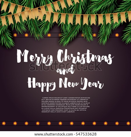 Merry Christmas and Happy New Year. Greeting Card with Fir Branches, Neon Garland and Golden Flags. Vector Illustration.