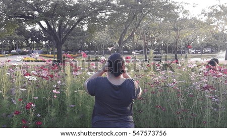 A woman taking pictures of flowers in park.
