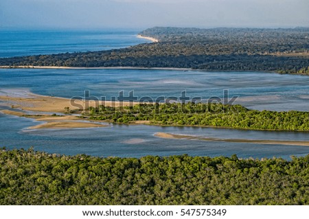 Aerial view to the ocean coast, river and rainforest 