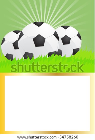 Card of soccer balls on green grass, vector illustration
