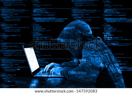 Hacker in a blue hoody standing in front of a code background with binary streams and information security terms cybersecurity concept Royalty-Free Stock Photo #547592083