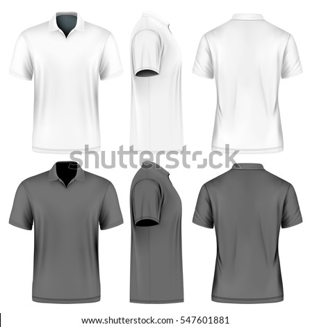 Men's slim-fitting short sleeve polo shirt. Front, back and side views of polo-shirts. White and black variants of clothes. Vector illustration. Fully editable handmade mesh.