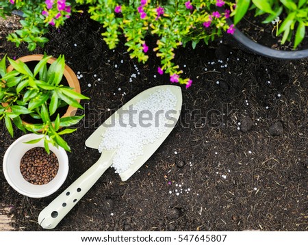 Chemical plant fertilizer for gardening on soil background