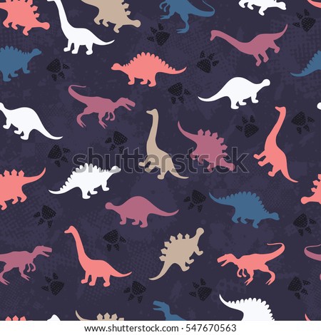 Cute kids pattern for girls and boys. Colorful dinosaurs on the abstract grunge background create a fun cartoon drawing. The background is made in neon colors. Urban backdrop for textile and fabric. Royalty-Free Stock Photo #547670563