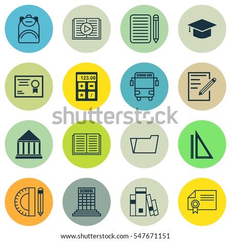 Set Of 16 School Icons. Includes Home Work, Graduation, Haversack And Other Symbols. Beautiful Design Elements.