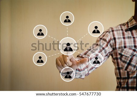 Business man touch referral button interface web communication sign on digital display. Young man pointing to public relation network on social media. Opportunity social media marketing concept. Royalty-Free Stock Photo #547677730