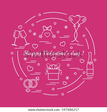 Cute vector illustration: gifts, balloons, stemware, keys, gender symbols, bottle with hearts and snowflakes arranged in a circle. Design for banner, flyer, poster or print.
