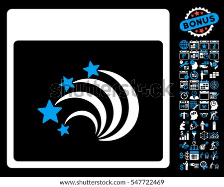 Festive Fireworks Calendar Page pictograph with bonus calendar and time management clip art. Vector illustration style is flat iconic symbols, blue and white, black background.