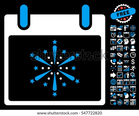 Fireworks Boom Calendar Day pictograph with bonus calendar and time management clip art. Vector illustration style is flat iconic symbols, blue and white, black background.