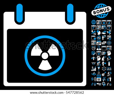 Atomic Calendar Day pictograph with bonus calendar and time management clip art. Vector illustration style is flat iconic symbols, blue and white, black background.