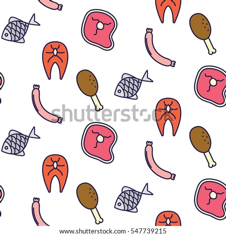Butcher shop icon seamless vector pattern. Meat and fish outline tileable white, red and pink background.