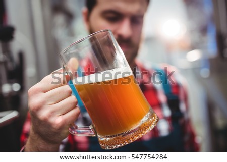 Close-up of manufacturer examining beer in glass at brewery Royalty-Free Stock Photo #547754284