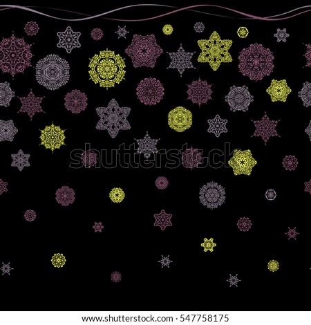 Abstract seamless with Floral Elements. Vector winter pattern. Seamless design on black background in yellow and purple colors.