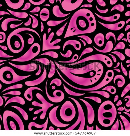 Ornamental border. Vector seamless pattern. Seamless damask pattern, classic wallpaper, magenta and pink on a black background.