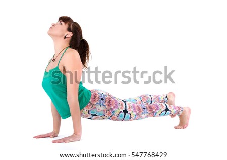 Yogi trainer practices asanas. Woman trains in strength and balance. Photo isolated on white background. Yoga is trend of healthy life.