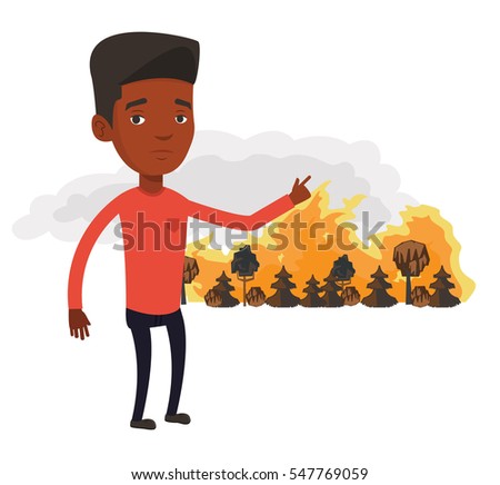 An african man pointing at forest in fire. Frustrated man standing on the background of forest fire. Concept of environmental destruction. Vector flat design illustration isolated on white background.