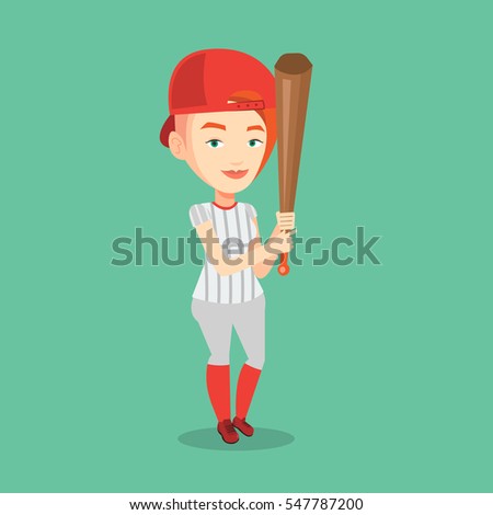 Full length of young caucasian smiling baseball player in uniform. Professional baseball player standing with a bat. Cheerful baseball player in action. Vector flat design illustration. Square layout.