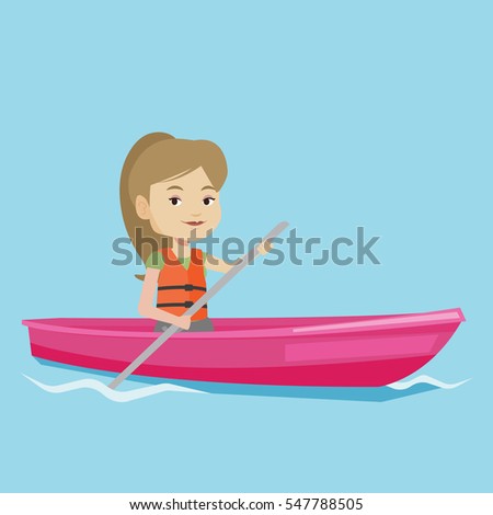 Young caucasian woman riding in a kayak in the river. Woman with skull in hands traveling by kayak. Female kayaker paddling. Woman paddling a canoe. Vector flat design illustration. Square layout.