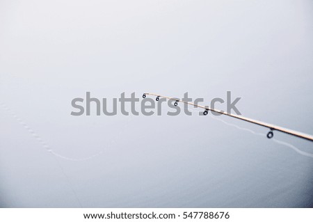 Minimalist bright picture, end of fishing rod on clear calm water.
