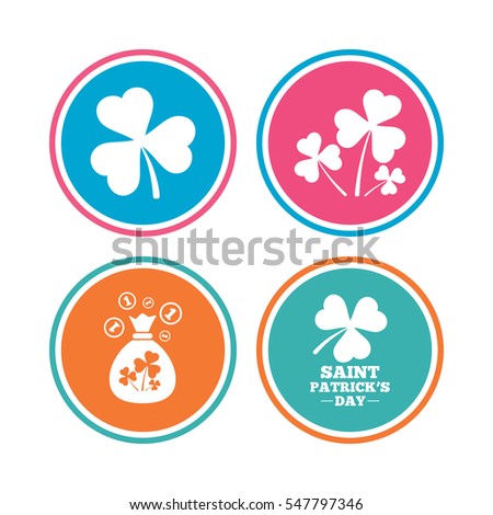 Saint Patrick day icons. Money bag with clover and coins sign. Trefoil shamrock clover. Symbol of good luck. Colored circle buttons. Vector