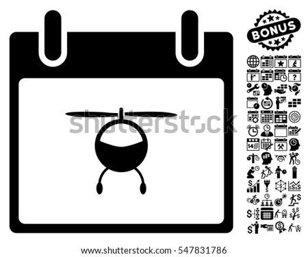 Helicopter Calendar Day icon with bonus calendar and time management clip art. Vector illustration style is flat iconic symbols, black, white background.