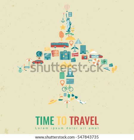 Airplane silhouette with travel flat icons. Travel and tourism concept. Vector illustration