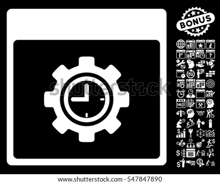 Clock Configuration Gear Calendar Page icon with bonus calendar and time management clip art. Vector illustration style is flat iconic symbols, white, black background.