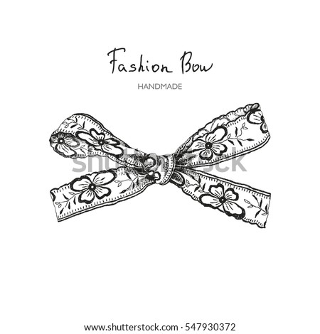 Vector bow of ribbon with flowers pansies, hand-drawn fashionable illustration in vintage style.