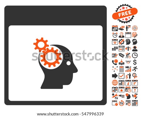 Brain Wheels Calendar Page icon with bonus calendar and time management clip art. Vector illustration style is flat iconic symbols, orange and gray, white background.