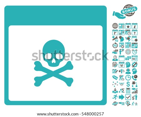 Poison Skull Calendar Page pictograph with bonus calendar and time management clip art. Vector illustration style is flat iconic symbols, grey and cyan, white background.