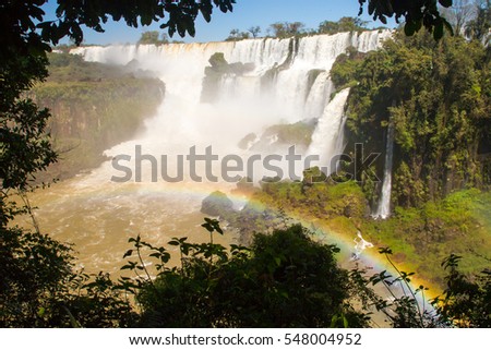 View of the Iguazu (Iguacu) falls, largest series of waterfalls on planet, between Brazil, Argentina, and Paraguay, with as many as 275 separate waterfalls cascading along the 2,700 meters cliffs.