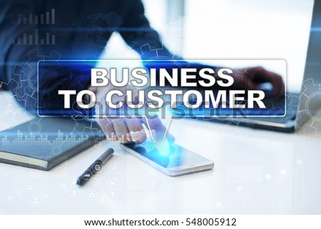 Businessman working in office, pressing button on virtual screen and selecting business to customer.