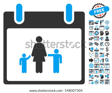 Mother Calendar Day icon with bonus calendar and time management clip art. Vector illustration style is flat iconic symbols, blue and gray, white background.