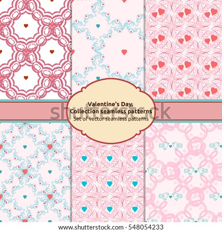 Set vector seamless patterns. Red color. Endless texture can be used for printing onto fabric and paper or scrap booking. Valentines day background for invitation.